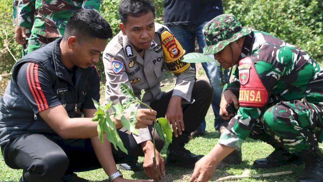 Pihak Huadi Group, Dandim 1410 Bantaeng, Pemkab Bantaeng dan Gerakan Pramuka Bantaeng melakukan gerakan penghijauan hutan bersama Perkemahan Sabtu Minggu (Persami) Saka Wira Kartika di Bantaeng, Minggu (4/2/2024). (Foto: Istimewa)