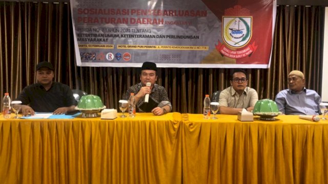 Sekretariat DPRD Kota Makassar menggelar kegiatan sosialisasi Perda Nomor 7 Tahun 2021 tentang Ketertiban Umum, Ketenteraman dan Perlindungan Masyarakat di Hotel Grand Puri Perintis, Jalan Perintis Kemerdekaan, Makassar, Sabtu (3/2/2024). (Foto: Istimewa)