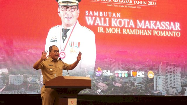 Wali Kota Makassar, Moh Ramdhan Pomanto saat memberikan sambutan dalam Forum Konsultasi Publik RKPD Makassar 2025 di Hotel Claro, Makassar, Senin (19/2/2024). (Foto: Istimewa)