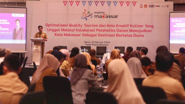 Pj Sekda Makassar, Firman Hamid Pagarra saat membuka kegiatan Forum Perangkat Daerah yang digelar Dinas Pariwisata, di Hotel Hyatt Place Sudirman 31, Makassar, Senin (19/2/2024). (Foto: Istimewa)