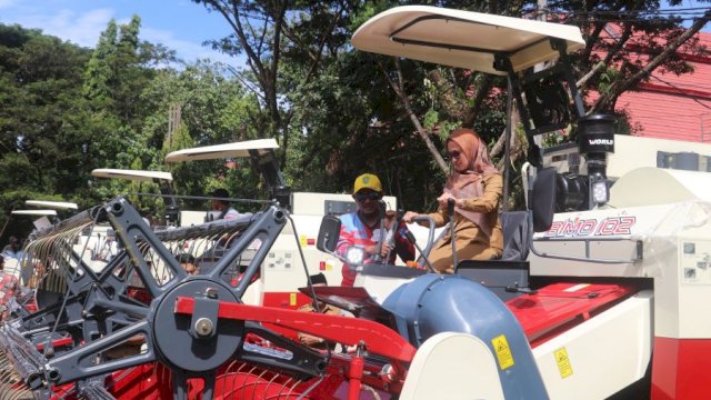 Bupati Luwu Utara, Indah Putri Indriani saat mengendarai langsung sekaligus memastikan fungsi Combine Harvester salah satu bantuan alsintan.