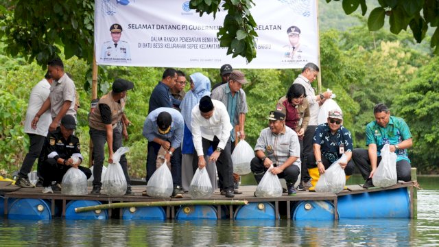 Pj Gubernur Sulsel Bahtiar Baharuddin, saat menebat 200 ribu benih ikan nila di Kelurahan Sepee, Kabupaten Barru, Jumat (22/03/2024). (Istimewa)