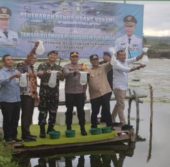 Pj Wali Kota Akbar Ali Dampingi Pj Gubernur Sulsel Tebar Bibit Udang di Parepare