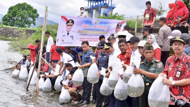 Pj Gubernur Sulsel Bahtiar Baharuddin, menebar 100 ribu benih ikan di Bendungan Bili-bili, Kamis (04/04/2024). (Istimewa)