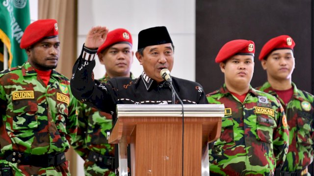 Pj Gubernur Sulsel Bahtiar Baharuddin, memberikan sambutan saat membuka Musyawarah Wilayah ke-18 Pemuda Muhammadiyah Sulsel, Jumat (26/04/2024). (Istimewa)