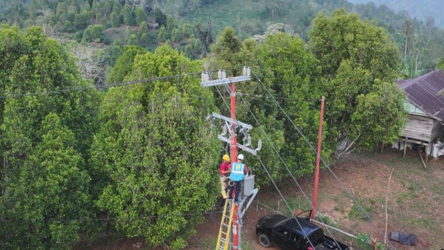 Petugas PLN tengah memasang jaringan listrik di Dusun Ula, Kecamatan Mare, Kabupaten Bone, Provinsi Sulawesi Selatan. (Istimewa)