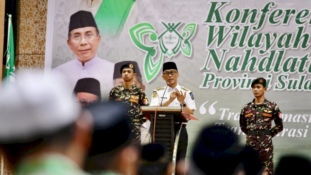 Pj Gubernur Sulsel Prof Zudan Arif Fakrulloh, memberikan sambutan saat pembukaan Konferwil NU Sulsel, Rabu (29/05/2024). (Istimewa)