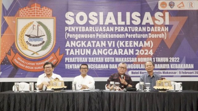 Anggota DPRD Makassar, Mario David menggelar sosialisasi Perda Nomor 1 Tahun 2022 tentang Pencegahan dan Penanggulangan Bahaya Kebakaran di Hotel Harper, Jalan Perintis Kemerdekaan, Makassar, Jumat (9/2/2024). (Foto: Istimewa)