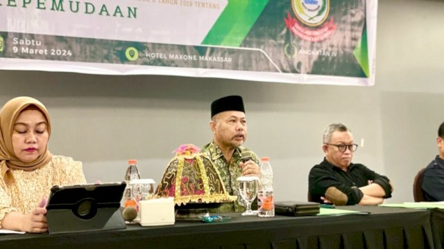 Anggota DPRD Makassar, Abdul Wahid saat melaksanakan sosialisasi Perda Nomor 6 Tahun 2019 tentang Kepemudaan di Hotel MaxOne Makassar, Sabtu (9/3/2024). (Foto: Istimewa)