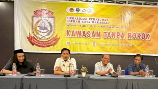 Wakil Ketua DPRD Makassar, Andi Nurhaldin NH menjadi narasumber dalam sosialisasi Perda Nomor 4 Tahun 2012 Tentang Kawasan Tanpa Rokok di Hotel Horison Ultima, Jalan Jenderal Sudirman, Makassar, Rabu (13/3/2024). (Foto: Istimewa)