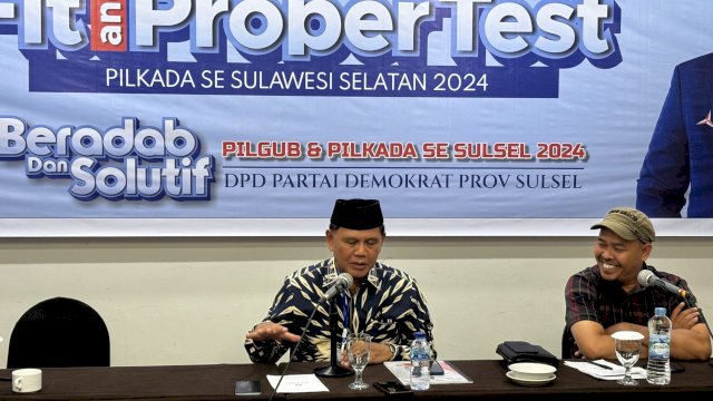 Bakal calon Bupati Luwu, Harbi Syam saat mengikuti uji kelayakan dan kepatutan yang digelar DPD Demokrat Sulsel di Hotel Claro, Jalan AP Pettarani, Makassar, Selasa (28/5/2024). (Foto: Istimewa)