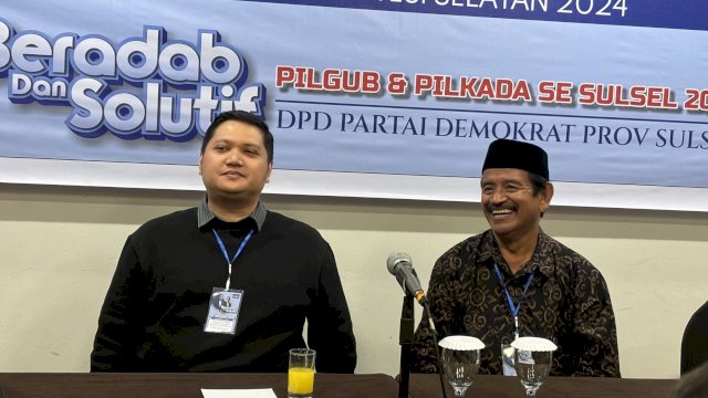 Bakal Calon Bupati Luwu, Arham Basmin Mattayang dan calon pasangannya, Rahmat saat mengikuti uji kelayakan dan kepatutan yang digelar DPD Demokrat Sulsel di Hotel Claro, Jalan AP Pettarani, Makassar, Kamis (30/5/2024). (Foto: Istimewa)