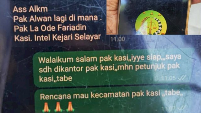 Isi pesan singkat WhatsApp yang mencatut nama Kasi Intelijen Kejari Selayar La Ode Fariadin, yang menghubungi Kepala Desa Bonea Alwan Sihadji. (Istimewa)