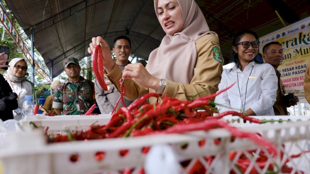 Bupati Luwu Utara Indah Putri Indriani saat meninjau Gerakan Pangan Murah di halaman kantor Dinas Perpustakaan dan Arsip Daerah.