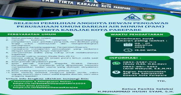 Pemerintah Kota Parepare Buka Seleksi Pemilihan Anggota Dewan Pengawas PAM Tirta Karajae