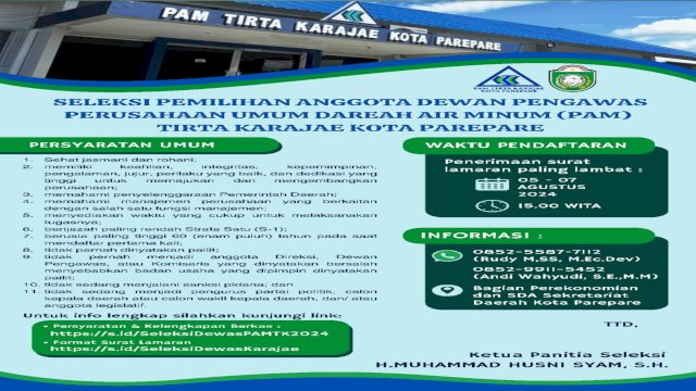 Pemerintah Kota Parepare Buka Seleksi Pemilihan Anggota Dewan Pengawas PAM Tirta Karajae