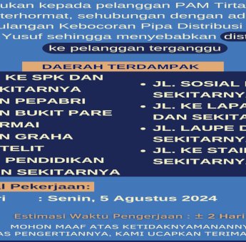 Perbaikan Pipa Bocor, PAM Tirta Karajae Parepare Umumkan Gangguan Distribusi Air