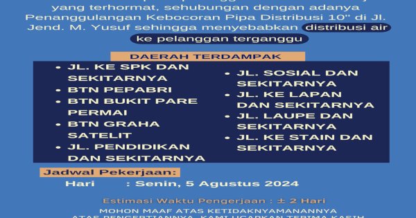 Perbaikan Pipa Bocor, PAM Tirta Karajae Parepare Umumkan Gangguan Distribusi Air