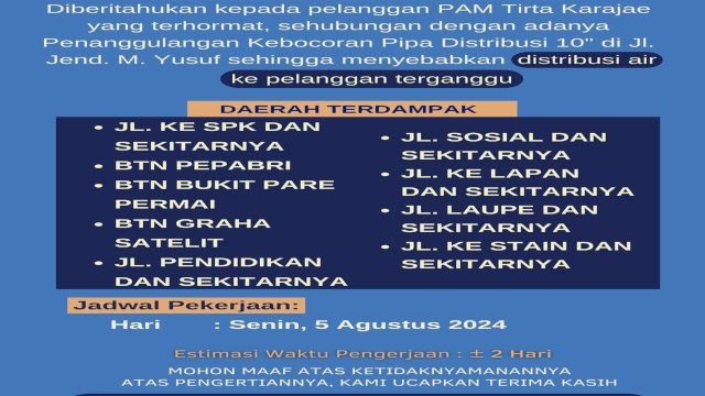 Perbaikan Pipa Bocor, PAM Tirta Karajae Parepare Umumkan Gangguan Distribusi Air