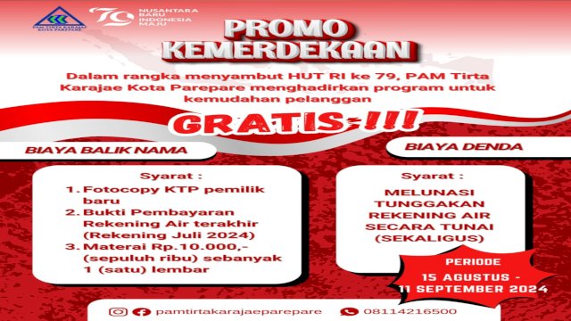 HUT RI ke-79: PAM Tirta Karajae Parepare Luncurkan Promo Bebas Biaya Balik Nama dan Denda