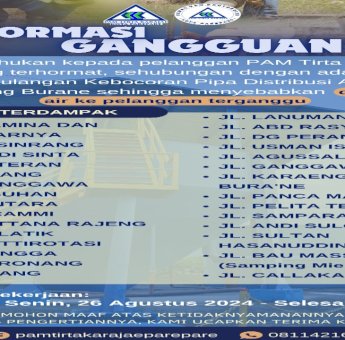 Perbaikan Pipa, PAM Tirta Karajae Parepare Umumkan Gangguan Distribusi Air