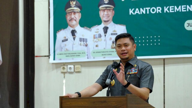 Bupat Gowa Adnan Purichta Ichsan saat hadir di kegiatan Kemenag Gowa, kemarin. (Dok. Humas Gowa)