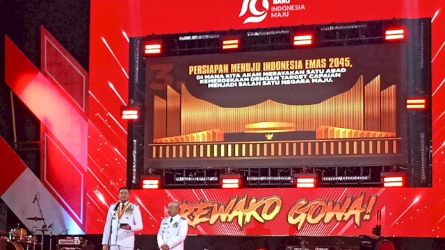 Bupati Gowa Adnan Purichta Ichsan bersama Wakilnya Abd Rauf Malaganni, saat memberikan sambutan pada Malam Resepsi Kenegaraan HUT Ke-79 Republik Indonesia Tingkat Daerah, di Taman Sultan Hasanuddin, Sungguminasa, Kamis (17/08/2024) malam kemarin. (Dok. Chaerani/Republiknews.co.id)