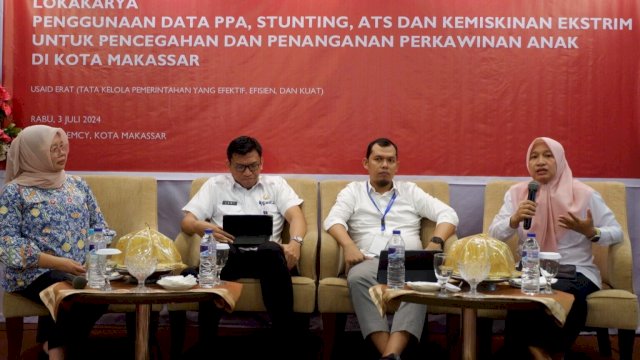 USAID ERAT dan Pemkot Makassar melaksanakan lokakarya Penggunaan Data PPA, Stunting, ATS, dan Kemiskinan Ekstrim untuk pencegahan dan penanganan perkawinan anak di Hotel Remcy, Makassar, Rabu (3/7/2024). (Foto: Istimewa)