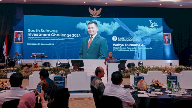 Deputi Kepala Perwakilan BI Sulsel Wahyu Purnama A, saat memberikan sambutan, di sela-sela Final SSIC 2024, di Four Points Hotel by Sheraton Makassar, Rabu, (14/08/2024). (Dok. Chaerani/Republiknews.co.id)