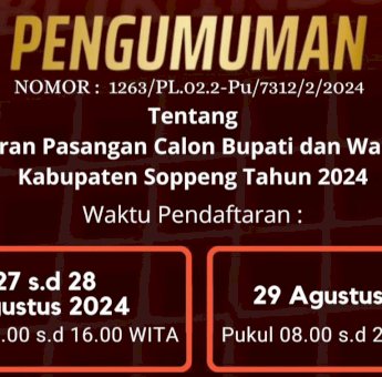 KPU Soppeng Umumkan Pendaftaran Paslon Bupati dan Wakil Bupati untuk Pilkada 2024, Ini Jadwal dan Persyaratannya