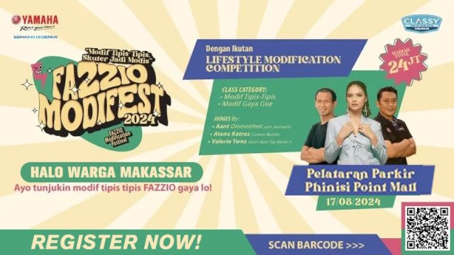 Fazzio Modifest 2024 yang merupakan festival modifikasi terbesar se Indonesia bakal hadir di Lapangan Parkir Utara Phinisi Point Mall, Makassar pada 17 Agustus 2024. (Foto: Istimewa)