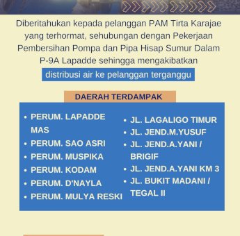 PAM Tirta Karajae Parepare Umumkan Gangguan Distribusi Air Bersih