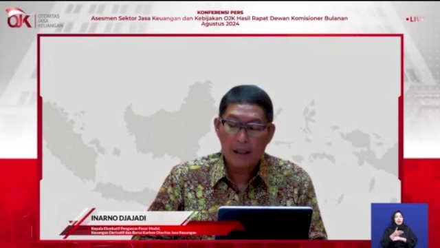 Kepala Eksekutif Pengawas Pasar Modal, Keuangan Derivatif, dan Bursa Karbon OJK Inarno Djajadi saat memaparkan kondisi sektor jasa keuangan melalui aktivitas pasar saham pada Rapat Dewan Komisioner (RDK) Bulanan OJK. (Dok. Tangkapan Layar)