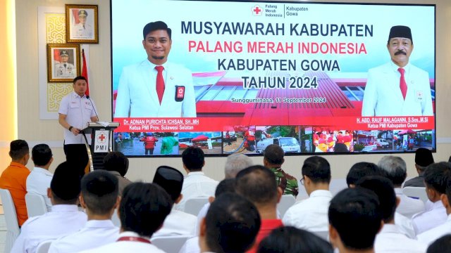 Ketua PMI Sulsel Adnan Purichta Ichsan saat hadir membuka Musyawarah Kabupaten PMI Kabupaten Gowa Tahun 2024, di Baruga Tinggimae, Rumah Jabatan Bupati Gowa, kemarin. (Dok. Humas Gowa)