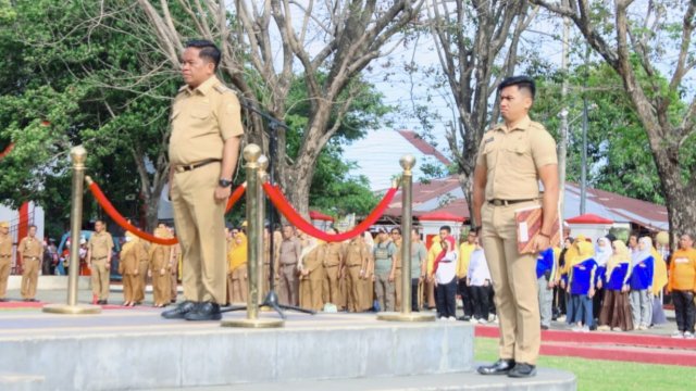 Pemerintah Kabupaten Jeneponto saat  menggelar upacara Peringatan Hari Olahraga Nasional (Haornas) ke-41 di halaman Kantor Bupati Jeneponto, Senin (9/9/2024). (Foto: Istimewa)