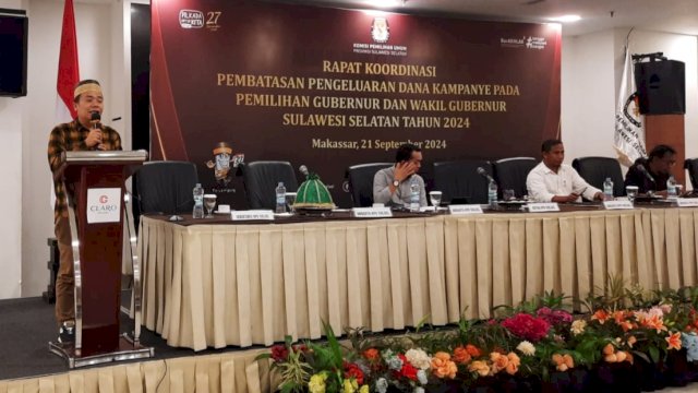 KPU Sulawesi Selatan menggelar rakor terkait pembatasan dana kampanye untuk Pilgub Sulsel 2024 di Hotel Claro, Makassar, Sabtu (21/9/2024). (Foto: Istimewa)
