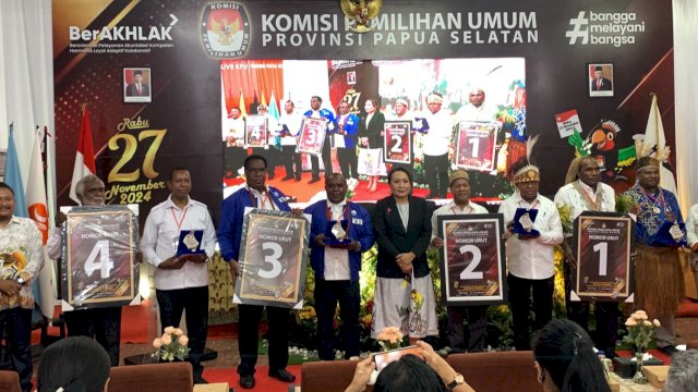 Para pasangan calon kontestan Pilgub Papua Selatan 2024 dengan nomor urut masing-masing. (Foto: Humas KPU Papsel)