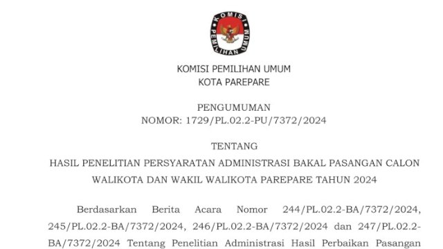 KPU Parepare Umumkan Hasil Penelitian Persyaratan Administrasi Bakal Paslon Wali Kota dan Wakil Walikota