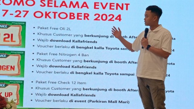 Aftersales Manager Kalla Toyota Abdul Hanan saat menjelaskan program aftersales di Semarak 72 Tahun Pesta Rangga di MaRI, saat prescon, kemarin. (Dok. Chaerani/Republiknews.co.id)