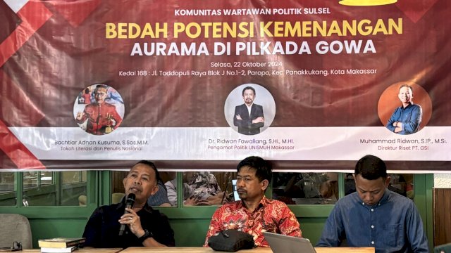 Diskusi politik terkait Pilkada Gowa 2024 yang digelar Komunitas Wartawan Politik Sulawesi Selatan di Kedai 168, Jalan Toddopuli Raya, Makassar, Selasa (22/10/2024). (Foto: Istimewa)