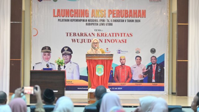 Bupati Luwu Utara Indah Putri Indriani melaunching 5 aksi perubahan di Aula Laga Ligo Kantor Bupati.(ist)