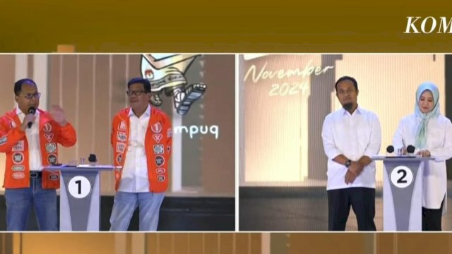 Calon Gubernur dan Wakil Gubernur Sulawesi Selatan Moh. Danny Pomanto dan Azhar Arsyad atau DIA (kiri) dengan Calon pasangan Gubernur Sulsel Andi Sudirman Sulawesi, Fatmawati Rusdi atau Andalan Hati (kanan) saat mengikuti Debat Pertama Pemilihan Kepala Daerah Sulawesi Selatan, di Hotel Claro Makassar, Senin, 28 Oktober 2024 lalu. (Dok. Tangkapan Layar)