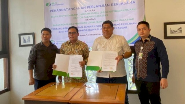 Suasana penandatanganan MoU antara Bawaslu Makassar dan BPJS Ketenagakerjaan Cabang Makassar terkait perlindungan bagi pengawas Adhoc di Pilkada 2024. (Foto: Istimewa)