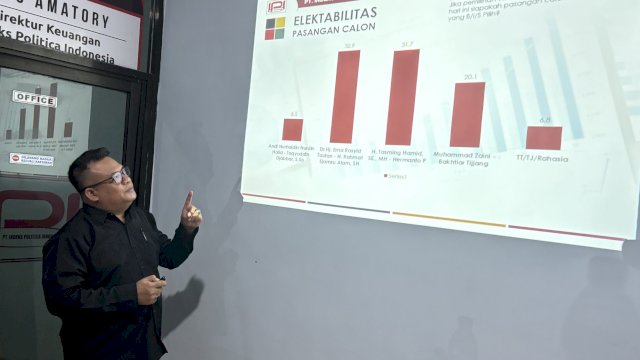 Direktur Eksekutif PT IPI, Suwadi Idris Amir saat merilis hasil survei lembaganya di Pilwalkot Parepare 2024 jelang pencoblosan, Sabtu (23/11/2024). (Foto: Istimewa)