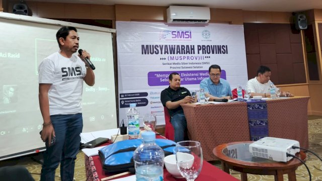 Ilham Husain terpilih secara aklamasi sebagai Ketua SMSI Provinsi Sulawesi Selatan periode 2025-2030 pada Musprov II SMSI Sulsel yang digelar di Hotel Swiss-Belinn, Jalan Boulevard, Makassar, Sabtu (22/2/2025). (Foto: Istimewa)