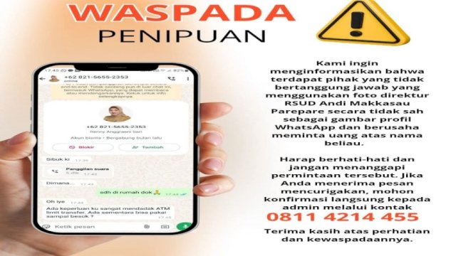 Ket: Oknum Gunakan Akun WA atas nama Direktur RSUD Andi Makkasau Parepare