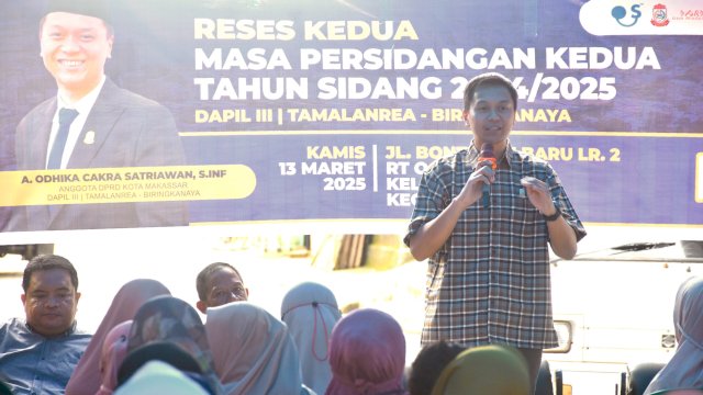 Anggota DPRD Makassar, Andi Odhika Cakra Satriawan menutup rangkaian kegiatan resesnya di Kecamatan Tamalanrea, Makassar, Kamis (13/3/2025). (Foto: Istimewa)