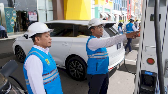 Manager PLN UP3 Makassar Selatan, Jimmy Indra Baskara tengah memantau kesiapan SPKLU Trans Studio Mall di momen siaga Ramadan dan Idul Fitri 1446 Hijriah. (Foto: Istimewa)