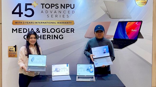 Public Relations ASUS Indonesia, Erlyin Purnama Caroline (kiri) dan Technical Public Relations ASUS Indonesia, Riandanu Madi Utomo saat perkenalan jajaran laptop AI tercepat ASUS dengan performa NPU 45+ TOPS di The Rinra Hotel Makassar, Selasa (20/5/2025). (Foto: Istimewa)