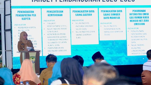 Bupati Gowa Sitti Husniah Talenrang saat menghadiri Musrenbang RPJMD dan RKPD Pemkab Gowa, di Padi Valley Resort, Kecamatan Pattallassang, kemarin. (Dok. Humas Gowa)